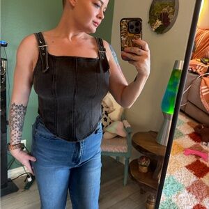 Women's Black Denim Buckle Top